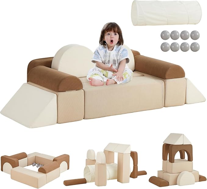 Asweets Kids Play Couch with Tunnel and Balls, Play Couch for Toddlers, Kids Foam Convertible Play Building Fort for Christmas and New Year, Brown