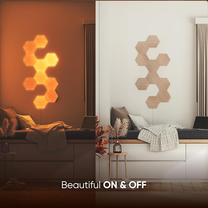 Nanoleaf Elements Wood Look Smart Wall Lights, Hexagon LED Wall Lights Work with Alexa Google Assistant, Home Wall Decor for Living Room with Music Sync, Ambient White 1500-4000K, Expansion 3 Panel