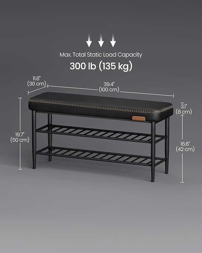 VASAGLE EKHO Collection - Shoe Rack Bench, Storage Bench for Entryway, Synthetic Leather with Stitching, Mid-Century Modern, Loads 300 lb, 11.8 x 39.4 x 19.7 Inches, Ink Black ULSB113B01