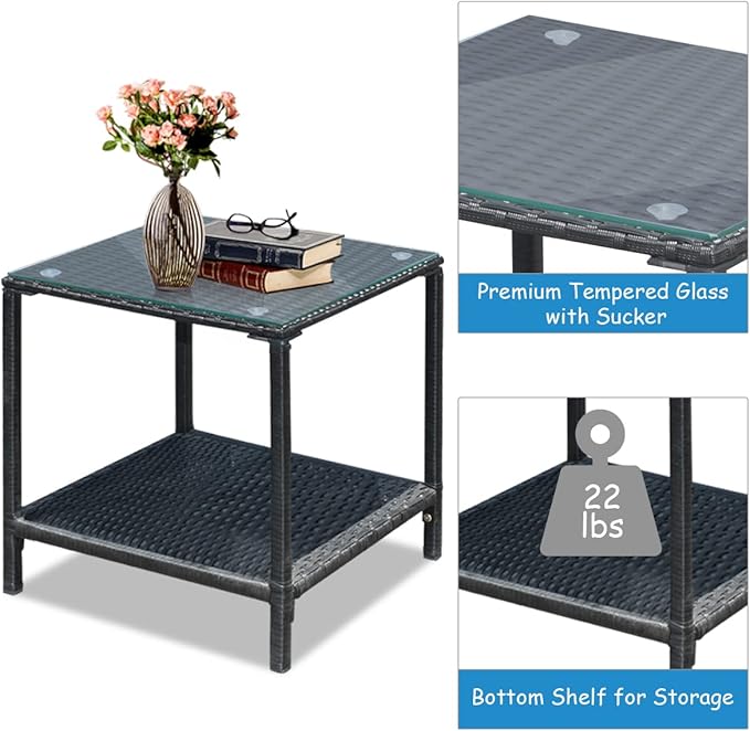 COSTWAY 3 Pieces Patio Rattan Rocking Chair Set, Outdoor Conversation Furniture Sets with Coffee Table, Storage Shelf and Cushions, Modern Bistro Set for Porch, Backyard, Garden, Black