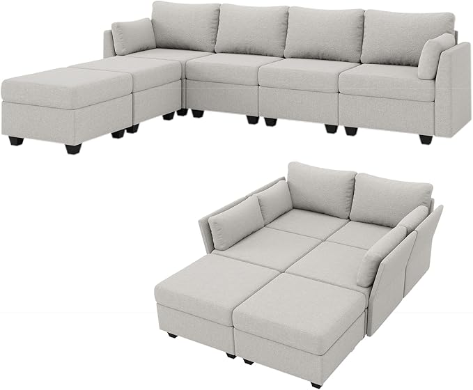 114.17" Modular Sectional Sofa, 6 Seat Sectional Couches with Storage, Memory Foam, Convertible Modular Couch for Living Room, U Shaped Comfy Modular Sofa with Chaise, Light Grey