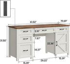 Farmhouse 61'' Executive Desk with 5 Drawers, Rustic Office Desk Computer Desk with Charging Station, File Drawers and Storage Cabinet, Wood Workstation for Home Office and Study, Unique White