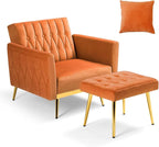 Velvet Accent Chair w/Adjustable Armrests and Backrest, Button Tufted Lounge Chair, Single Recliner Armchair with Ottoman and Pillow for Living Room, Bedroom,Orange