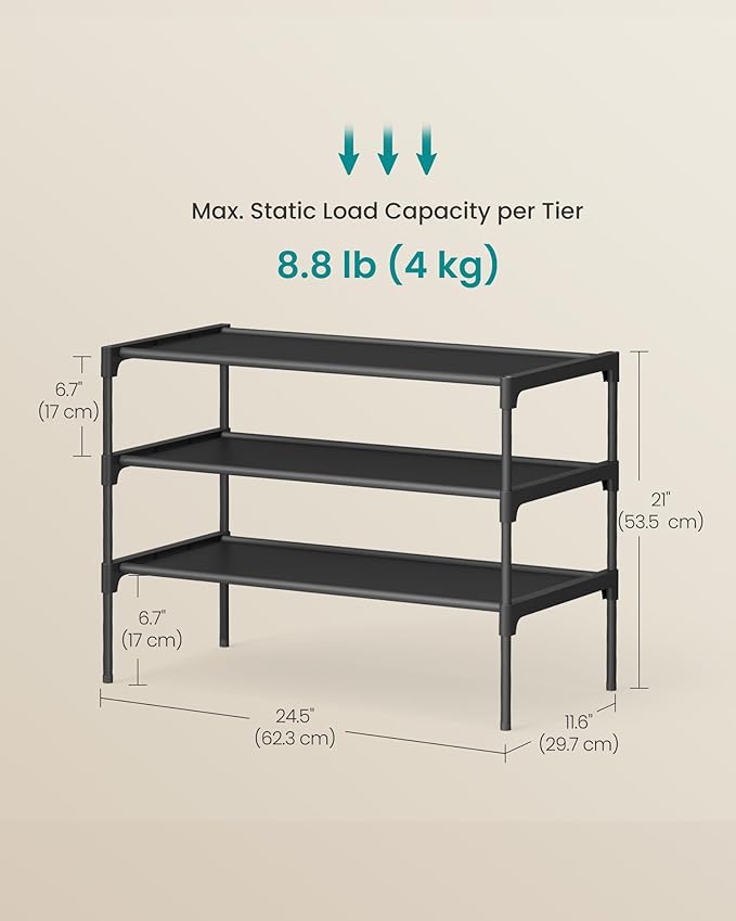 SONGMICS Shoe Rack, 3-Tier Shoe Storage Organizer, Space-Saving, 11.6 x 24.5 x 21 Inches, Entryway, Metal Frame, Non-Woven Fabric Shelves, Ink Black ULSH023BH01