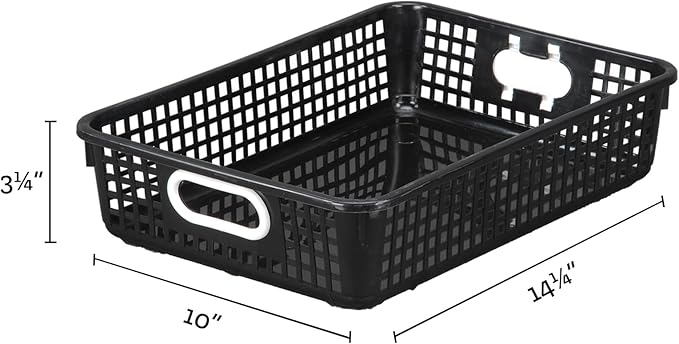 Really Good Stuff Small Plastic Paper Baskets, 14" x 10" x 3.25", 12 Pack, Black, Plastic Mesh Baskets for Classroom, Home, and Office, Fits A4 Paper, Documents, Files, Magazines