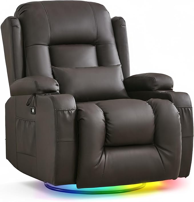 URRED Rocker Recliner Chair for Adults, 270° Swivel Glider Reclining Single Sofa with LED Ambient Light, Cup Holders and Side Pockets, Faux Leather Recliner for Living Room or Home Theater, Brown