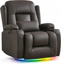 URRED Rocker Recliner Chair for Adults, 270° Swivel Glider Reclining Single Sofa with LED Ambient Light, Cup Holders and Side Pockets, Faux Leather Recliner for Living Room or Home Theater, Brown