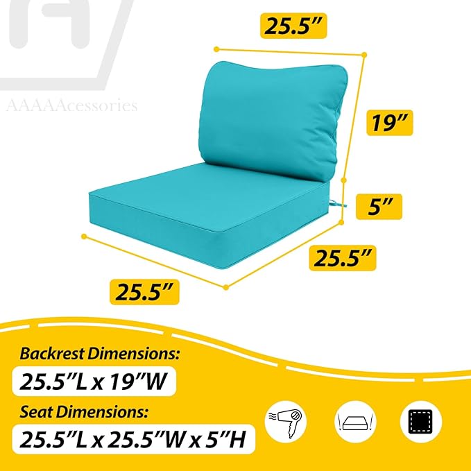 AAAAAcessories Outdoor Deep Seat Cushions, Waterproof, Fade-Resistant Patio Furniture Replacement Cushions, 25.5" x 25.5" x 5" + 25.5" x 19", Set of 4, Turquoise Blue