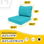 AAAAAcessories Outdoor Deep Seat Cushions, Waterproof, Fade-Resistant Patio Furniture Replacement Cushions, 25.5" x 25.5" x 5" + 25.5" x 19", Set of 4, Turquoise Blue