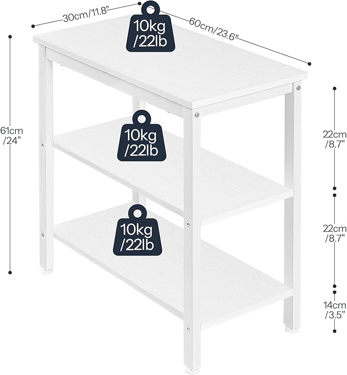 HOOBRO End Table, Simple Rustic Side Table with 3-Tier Storage Shelf, Narrow Nightstand for Small Spaces, Easy Assembly, for Living Room, Bedroom, Industrial Design, White WT14BZ01