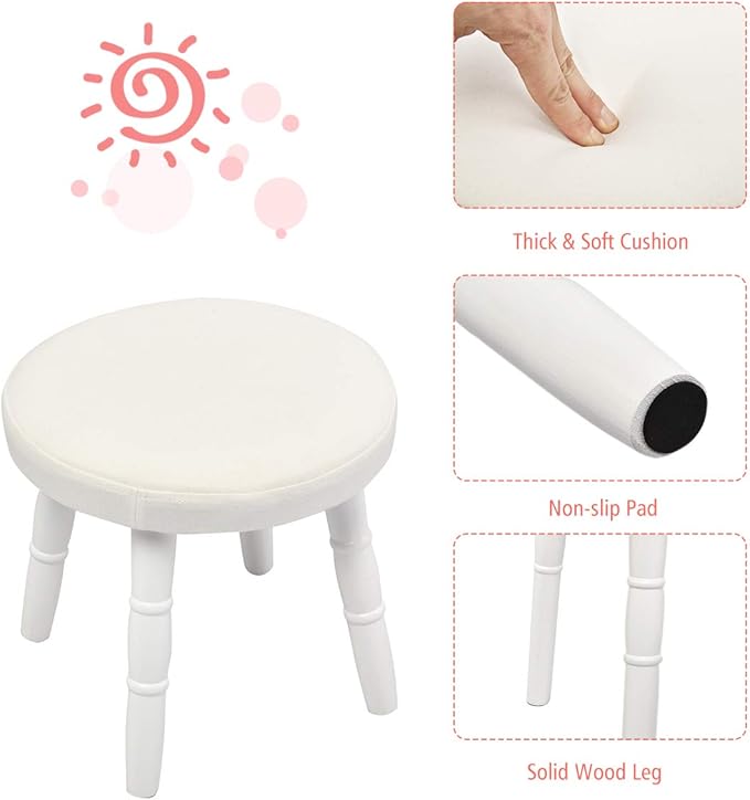 Costzon Kids Vanity Set, Wooden Princess Makeup Table with Cushioned Stool, Large Drawer, Solid Wooden Legs and Crown Mirror, Make Up Dressing Table Set for Girls (White)