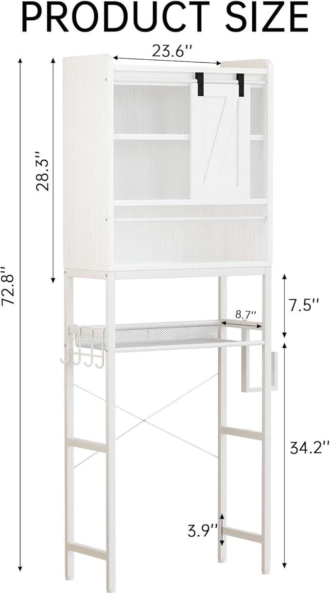 AWQM Over The Toilet Storage CabinetFreestanding Bathroom Organizer with AdjustableShelf & Paper Hook,Space-Saving Toilet Rack,White Retro Style (White, Sliding Door)