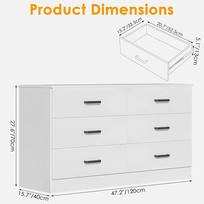 Bigbiglife Wood Dresser for Bedroom, 6 Drawer Double Dresser, Modern Chest of Drawers with Deep Drawers, Large Storage Organizer for Living Room, Closet (White)