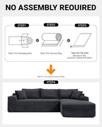108" Cloud Sectional Couch,Modern Modular Sectional Sofa with Deep Seat,Corduroy Boneless Couches with L-Shape Chaise for Living Room,No Assembly Required (Black, Right Facing Chaise)