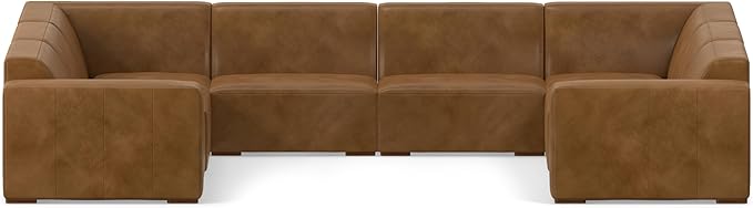 SIMPLIHOME Rex U-Shaped Sectional Modular Sofa in Full-Grain Genuine Leather, Caramel Brown, 144-inches Wide, Handcrafted Modern-Style Large Leather Couch for Living Room