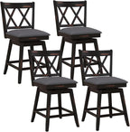COSTWAY Bar Stool Set of 4 for Kitchen Island, 25" Counter Height Chair with Ergonomic Backrest, Foot Rest, Waterproof PVC Surface & Solid Wood Structure, 360°Swivel Farmhouse Barstool with Back