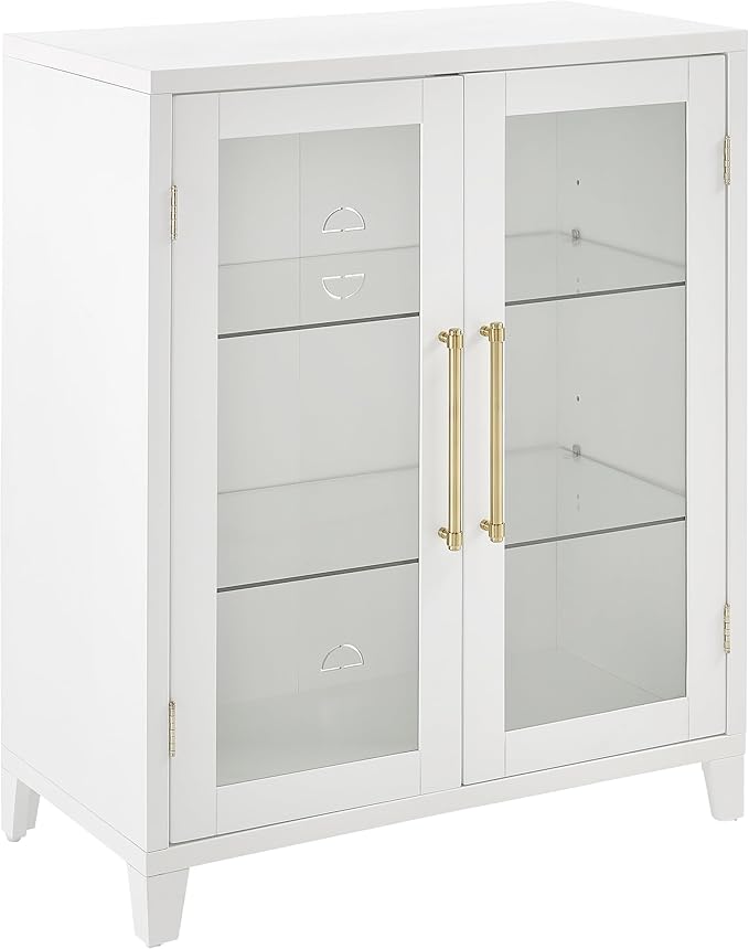 Crosley Furniture Roarke Stackable Glass Door Kitchen Pantry Storage Cabinet, Accent Cabinets for Entryway, White