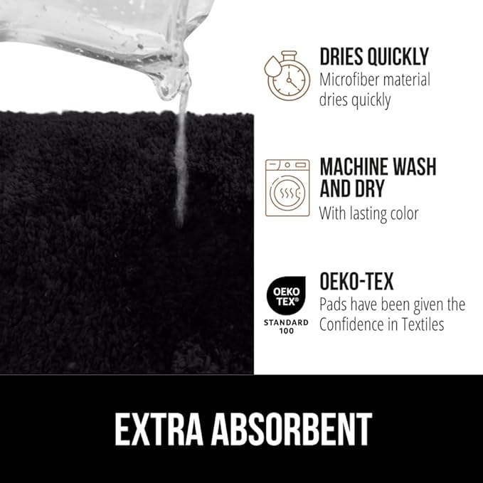 GORILLA GRIP Bathroom Rugs, 30x20, Ultra Soft Absorbent Mat, Thick Plush Bath Rug, Machine Washable, Microfiber Quick Dry, Mats for Shower, Bathtub and Floor, Home Decor Accessories, Black