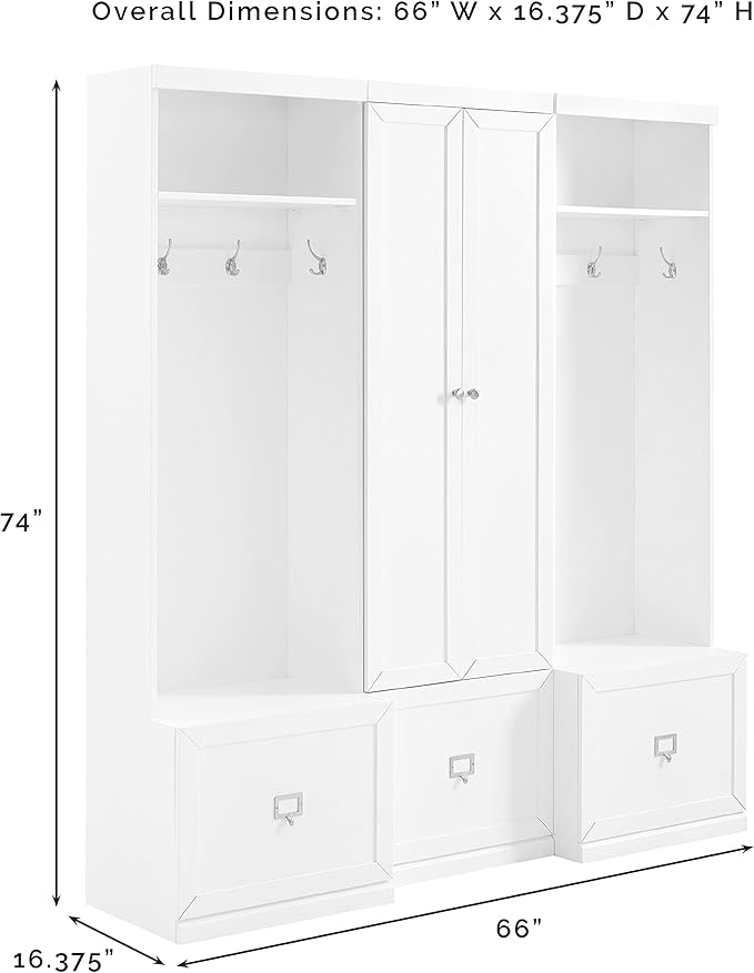 Crosley Furniture Harper 3-Piece Hall Tree and Storage Cabinet Set with Entryway Bench and Hooks for Hanging, White