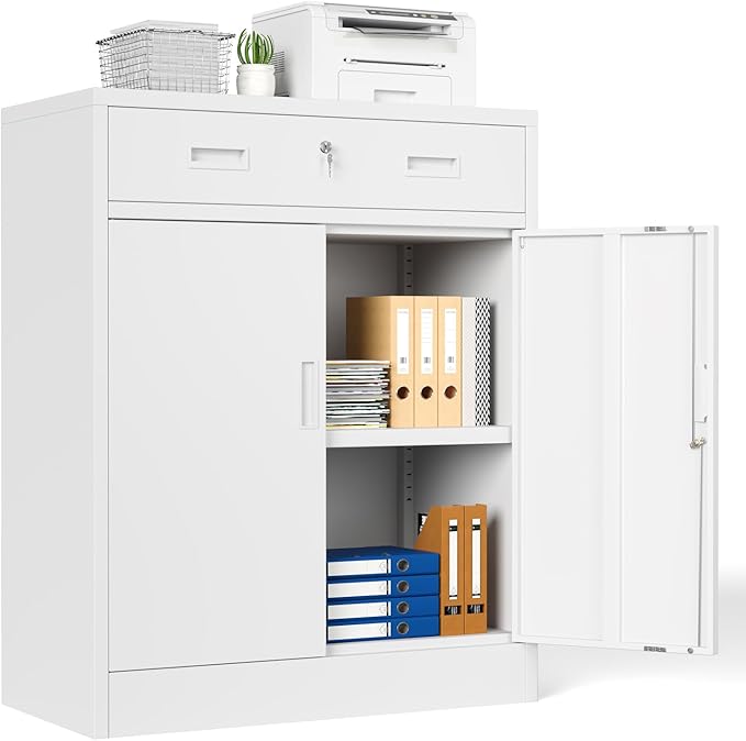 Metal Storage Cabinet with Drawer, 36" H White Locking Metal Cabinet, Adjustable Shelf File Cabinet Cabinet with Doors for Home Office, Garage, Warehouse, Laundry Room, Basement