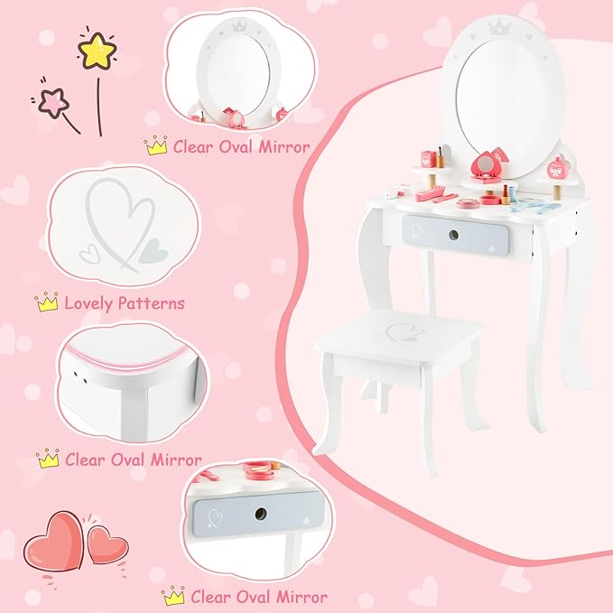 HONEY JOY Kids Vanity, Toddler Wooden Makeup Vanity Table & Chair Set, 10 Pcs Pretend Play Dressing Accessories Toy, Tri-Fold Princess Mirror, Little Girls Vanity Set with Mirror and Stool, White