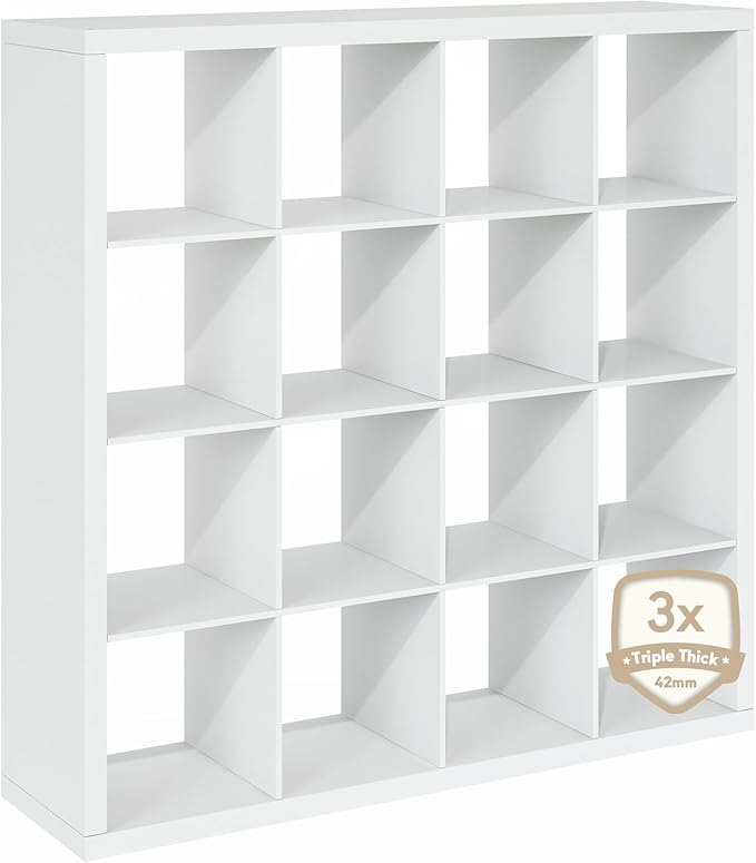 Furinno Cubicle Book Shelf, 16-Cube Bookshelf, Triple Thick Frame Cube Storage Organizer, Bookcase, 15.4 x 57.4 x 56.9, for Home Office, Living Room, Plain White