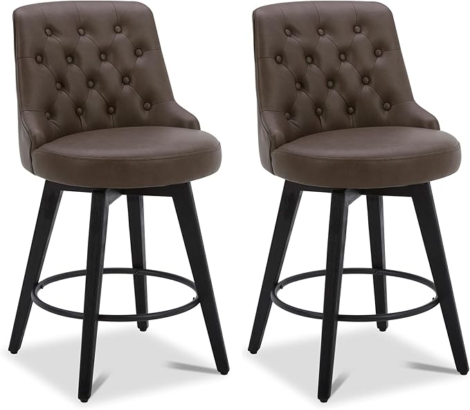Watson & Whitely Modern Swivel Bar Stools, Faux Leather Upholstered Counter Height Bar Stools with Back, Solid Wood Legs, 26" H Seat, Set of 2, Chocolate