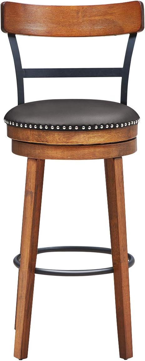 COSTWAY Bar Stools Set of 4, 360-Degree Swivel Stools with Leather Padded Seat, Single Slat Ladder Back & Solid Rubber Wood Legs, Bar Height Stools for Pub, Restaurant, Kitchen, Brown (4, 30.5)