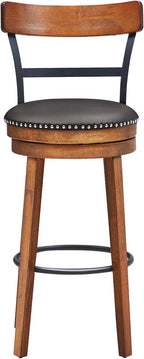 COSTWAY Bar Stools Set of 4, 360-Degree Swivel Stools with Leather Padded Seat, Single Slat Ladder Back & Solid Rubber Wood Legs, Bar Height Stools for Pub, Restaurant, Kitchen, Brown (4, 30.5)