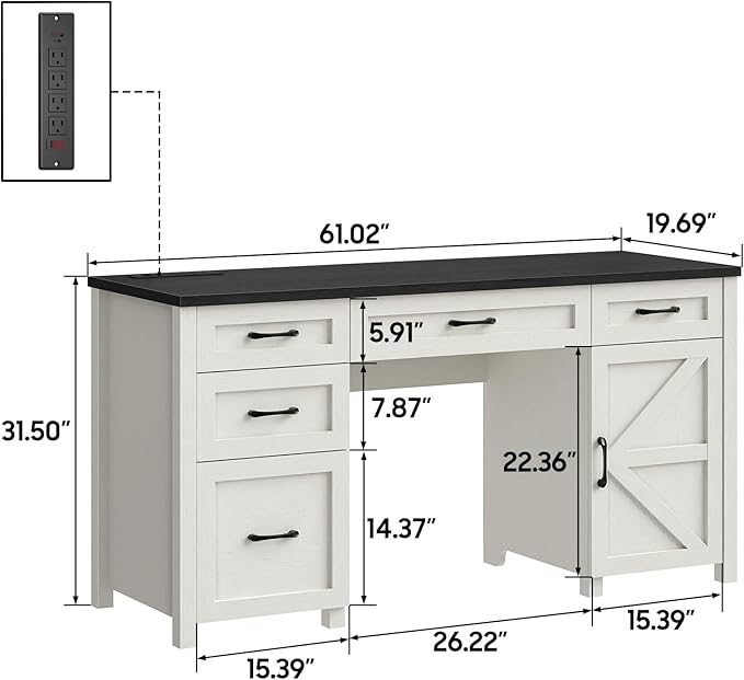 Vabches Farmhouse 61'' Executive Desk with 5 Drawers, Rustic Office Desk Computer Table with Charging Station, File Drawers and Storage Cabinet, Wood Workstation for Study and Home Office, Black
