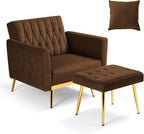 Velvet Accent Chair with Adjustable Armrests and Backrest, Button Tufted Lounge Chair, Single Recliner Armchair with Ottoman and Pillow for Living Room, Bedroom, Brown