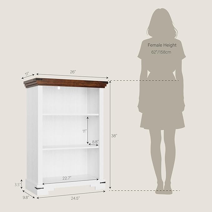 3-Tier Farmhouse Bookshelf, Book Shelf with Open Storage & One Adjustable Shelf, 9.8" D x 26" W x 38" H, Wooden Bookshelf for Study Room, Living Room, Kitchen, Bedroom (White)
