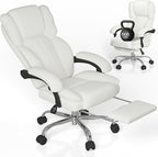 Big and Tall Office Chair, Executive Home Office Desk Chair, Leather Computer Chair with Retractable Footrest, Adjustable Headrest and Reclining Height, Padded Arms, 360°Swivel Free, Wide Seat, White
