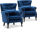 Accent Reading Arm Chairs Set of 2 for Living Room Bedroom, Midcentury Modern Comfy Corner Sofa Chair, Wingback Waiting Room Club Chair with Button Tufted Back &Lumbar Pillow, Velvet Blue