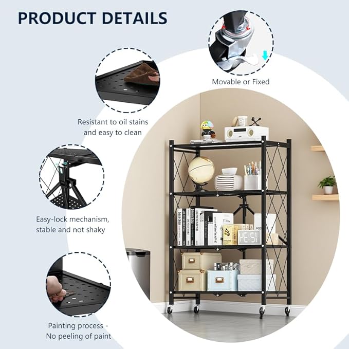 Four-Layer Foldable Storage Metal Shelf with Locking Wheels,Easy Assembly and Move Space-Saving Shelves Organizer Suitable for Kitchen, Pantry and Closet-28.54" L x 14.17" W x 46.06" H