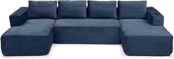 132 Inch Modular Sectional Sleeper Sofa, Boneless Cloud Couch for Living Room, U Shaped 5 Seat Sofa with 2 Cup Holders, Free Combination, No Assembly Required (Blue)