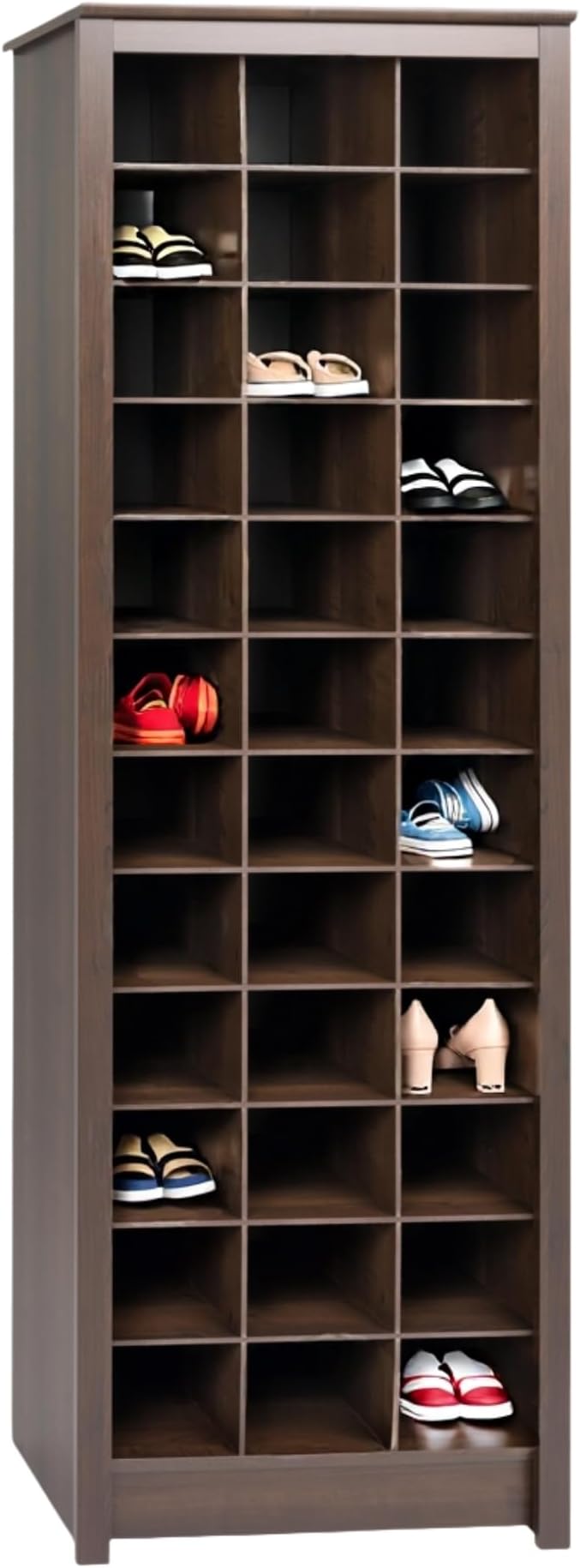 Prepac Elegant Brown Shoe Storage Cabinet, Space-Saving Solution with Cubbies for 36 Pairs, 13"D x 23.5" W x 72.5" H