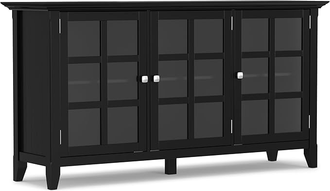 SIMPLIHOME Acadian SOLID WOOD 62 inch Wide Transitional Wide Storage Cabinet in Black, with 3 Tempered Glass Doors, 3 Adjustable Shelves