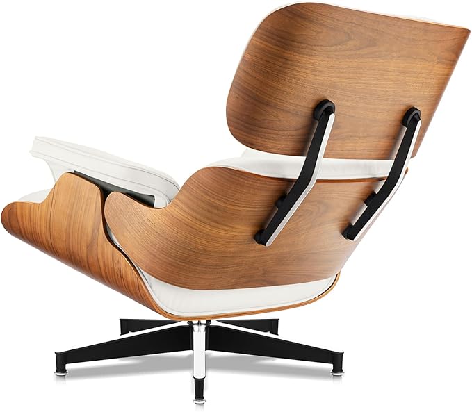 Top Grain Leather, Mid Century Chaise Lounge Chair and Ottoman, Reading Chair, Accent Lounge Chair, Modern Chair, Classic Design, Heavy Duty Base Support for Living Room Lounge Office, Walnut-White