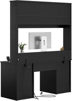 Bestier 77.8" H Executive Desk with Hutch, Modern Wood Computer Desk with Drawers, Charging Station, LED Light, Fluted Storage Cabinet, Keyboard Tray, 59" W Office Desk for Home Office, Black