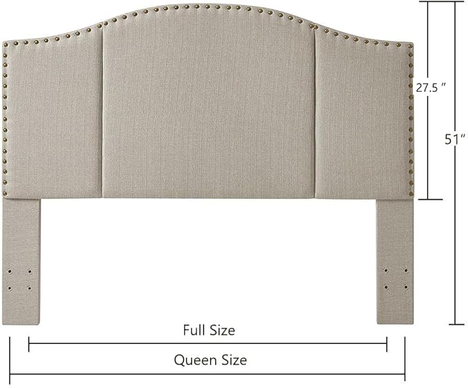 24KF Middle Century Linen Upholstered Tufted Queen Size Headboard with Antique Brass Nail Heads Trim Queen/Full headboard-Linen