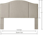 24KF Middle Century Linen Upholstered Tufted Queen Size Headboard with Antique Brass Nail Heads Trim Queen/Full headboard-Linen