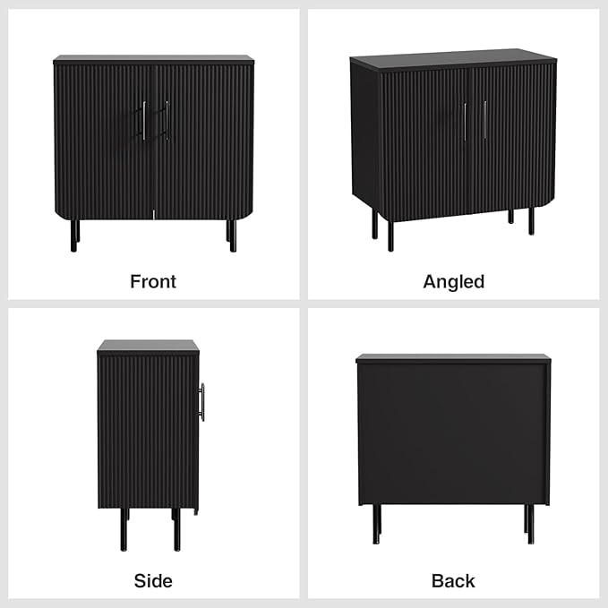Modern Fluted Black Storage Cabinet with 2 Doors, Adjustable Shelves, and Metal Legs, Accent Buffet Sideboard for Living Room, Dining Room, Entryway (Black)