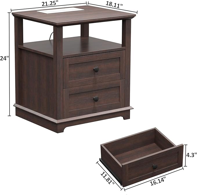 HIFYOBRO 24" Tall End Table with 2 Drawers and Charging Station, Type-C & USB Port & Power outlets, Wooden Storage Cabinet, 21" W Large Side Table with Storage for Living Room and Bedroom (Espresso)