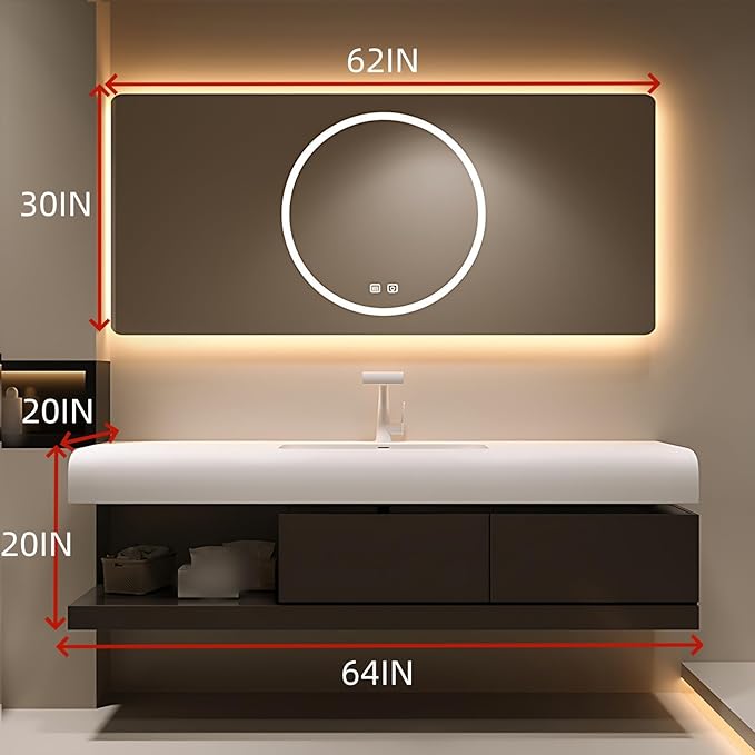 64IN Bathroom Vanity with Sink - Bathroom Cabinet Set has 2 Drawers & Overflow Hole Wall Mounted | LED Practical Defogging Mirror, Open Compartments, Seamless Rock Slab Basin (Coffee)
