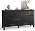 Black Dresser for Bedroom with Gold Handle Modern 7 Drawer Dresser, Wood Chest of Drawer Closet Clothes Storage Organizer for Living Room, Hallway, TV Stand, 55 Inch
