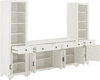 Crosley Furniture Tara 3-Piece Modern Farmhouse Sideboard Buffet Cabinet and Bookcase Set with Storage, Distressed White