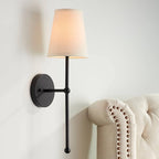 Possini Euro Design Elena Modern Wall Light Sconces Set of 2 Matte Black Metal Hardwired 6" Fixture Cream Linen Tall Drum Shade for Bedroom Living Family Room Home Hallway Dining