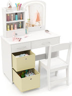 GLACER Kids Vanity Table and Chair Set, Princess Makeup Vanity Desk with 5 Drawers, Open Shelves, Mirror, 2-Color LED Lights, Wooden Toddler Vanity, Pretend Play Vanity Set for Little Girls (White)