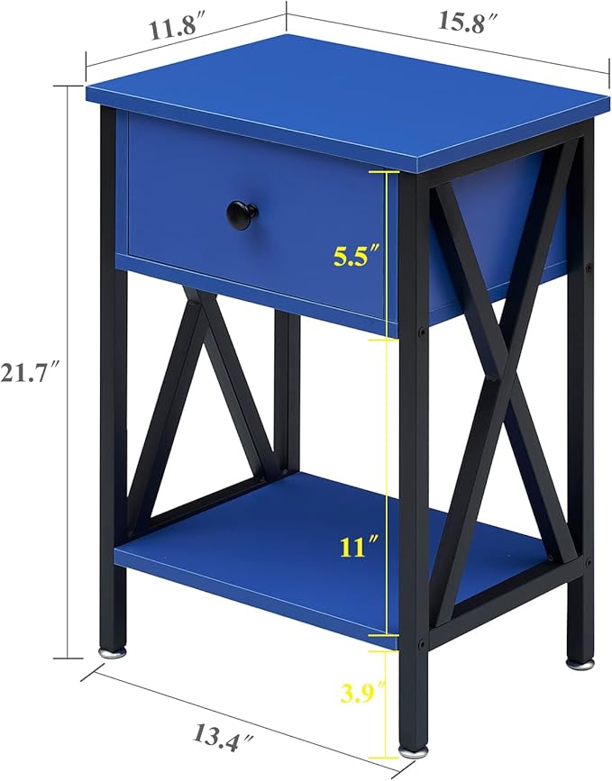 VECELO End Tables, Modern Nightstand with Drawer & Shelf, Night Stand for Bedroom Living Room,Industrial Metal Frame